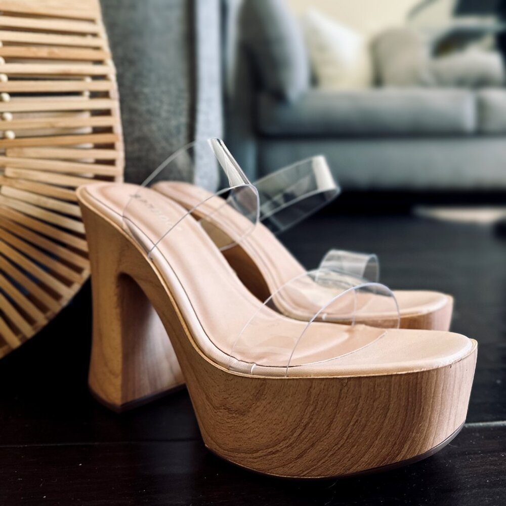 NEW Transparent Clear Open Toe Mules Sandal Wood-Like Block Chunky Platform Heel - Picture 3 of 5